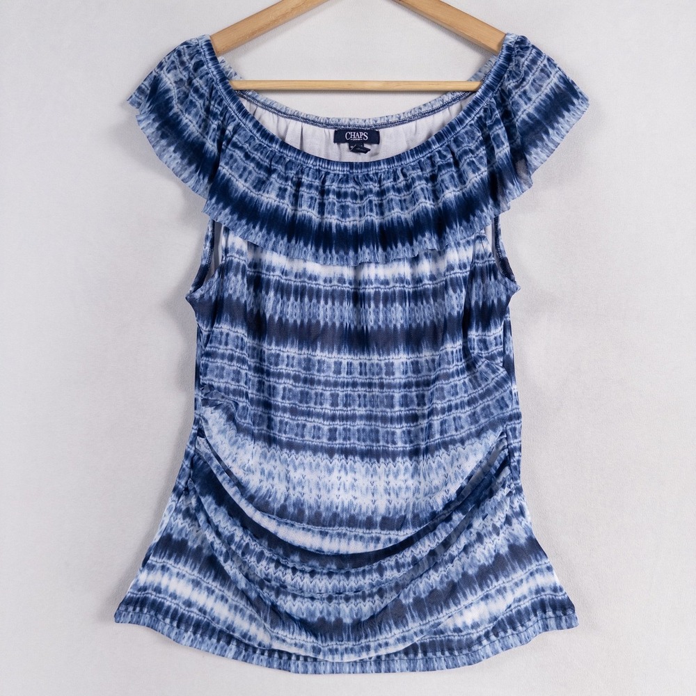 Chaps Denim Top Blouse XL Blue White Stripe Mesh Ruffle Lined Ruched Sides